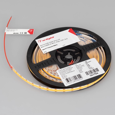 Лента COB-X360-8mm 5V Warm3000 (5 W/m, IP20, 5m) (Arlight, -)