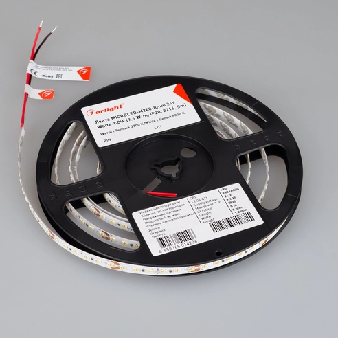 Лента светодиодная MICROLED-M240-8mm 24V White-CDW (9.6 W/m, IP20, 2216, 5m) (Arlight, Открытый)